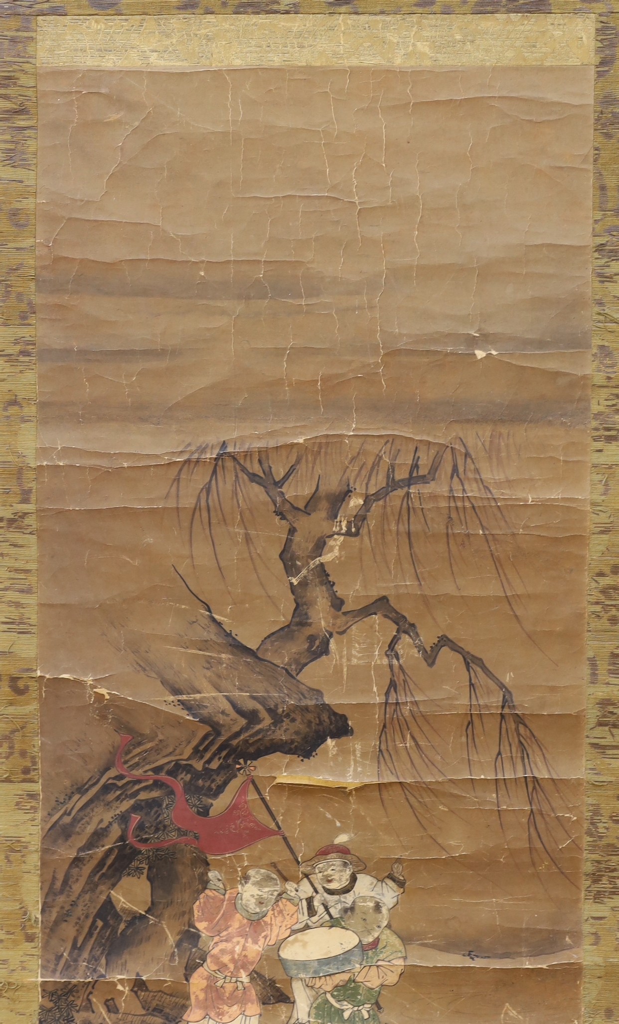 A 19th century Chinese scroll painting on paper of boys in a landscape, Image 69 cm X 31.5 cm